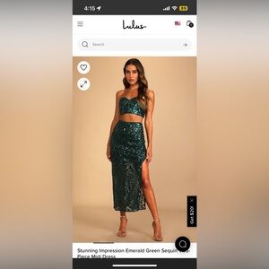 Emerald green sequin strapless floral two-piece skirt set